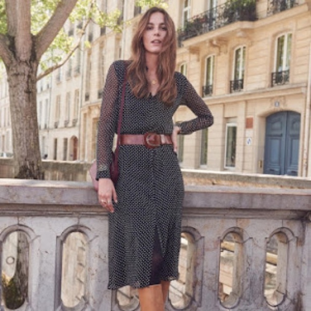 Sezane Clemence Dress in Black & Ecru Dots